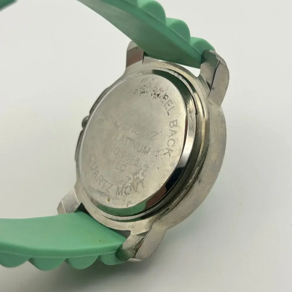 Geneva Platinum Crystal Bezel Green Silicon Band Watch Working New Battery